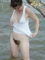 Rachel shows off her hairy pussy and armpits outdoors